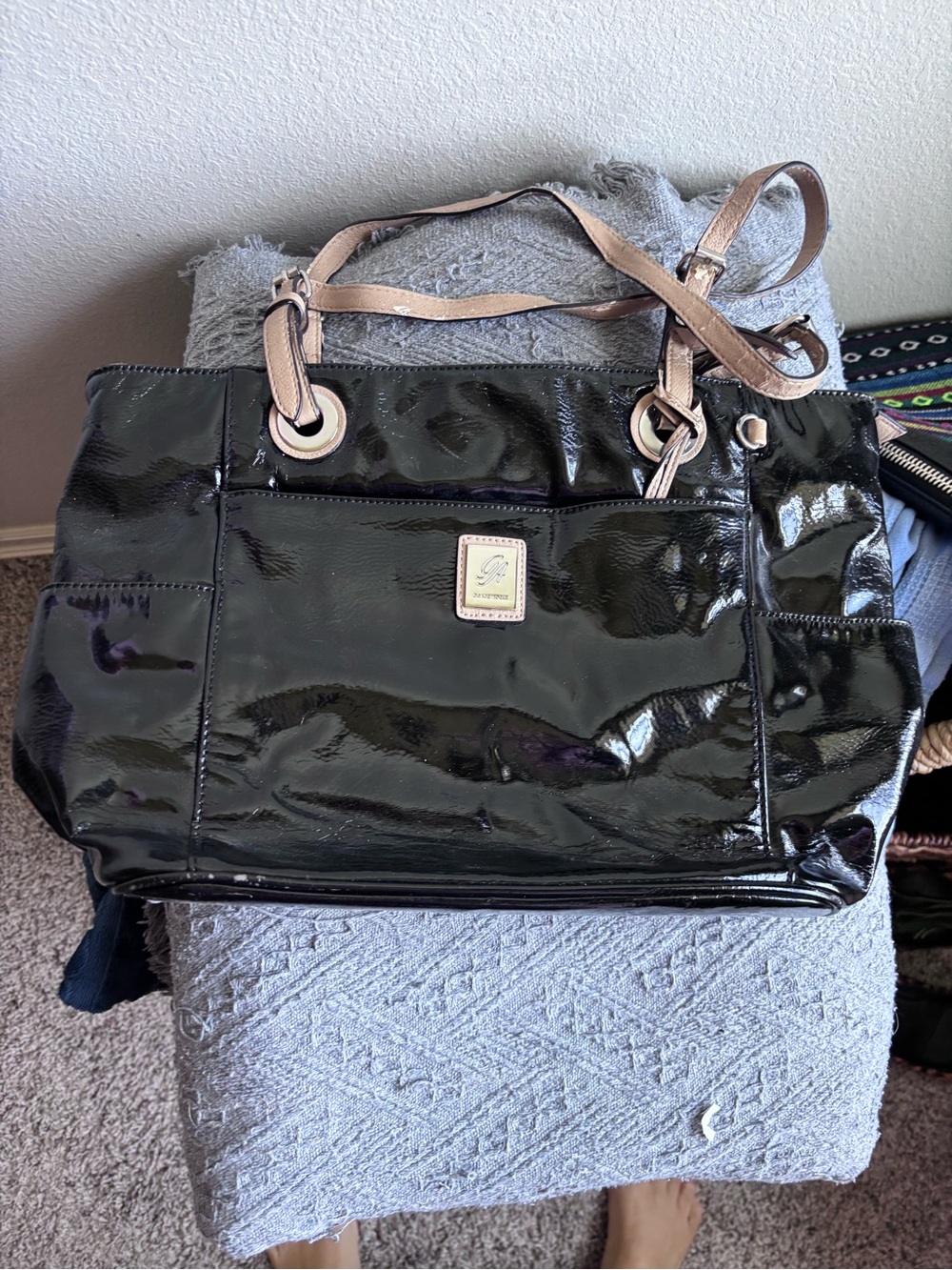 Grace Adele Black Patent Shoulder Tote with Tan Straps